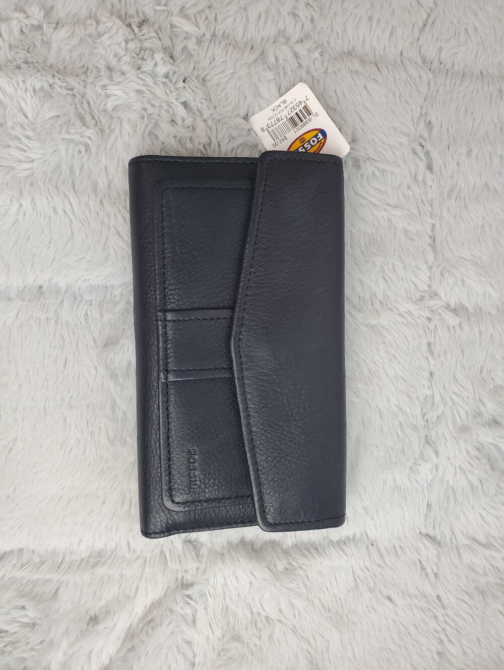 NWT Vintage Fossil Black Leather Tri Fold Wallet Coin Dept & Removable Checkbook
